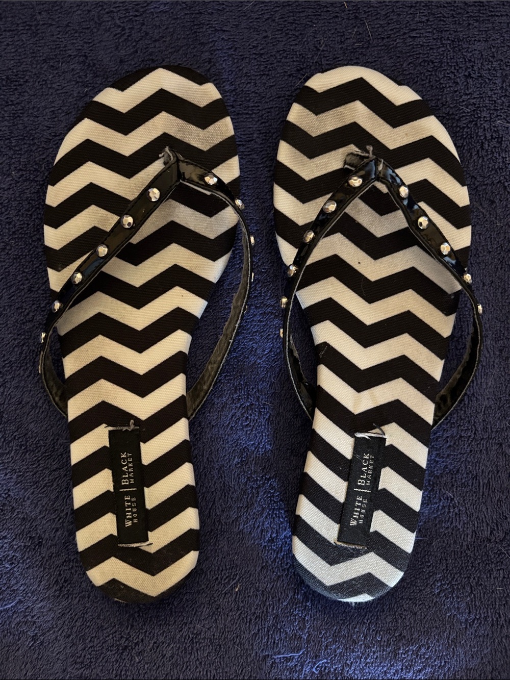 White House Black Market Black and White Chevron Studded Flip-Flops